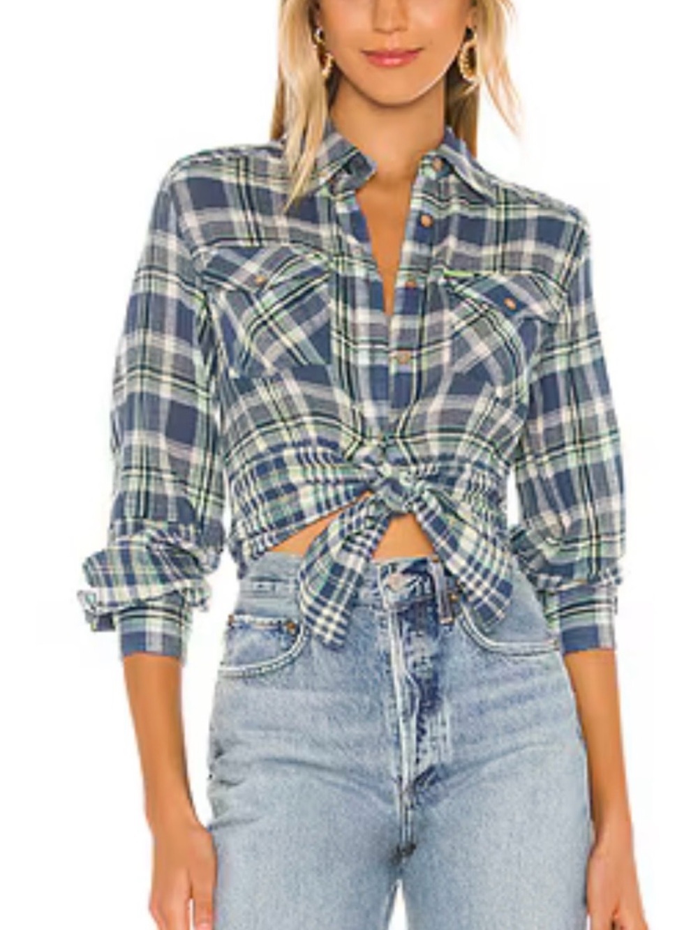 NWT FREE PEOPLE First Bloom Plaid Top in Blue
